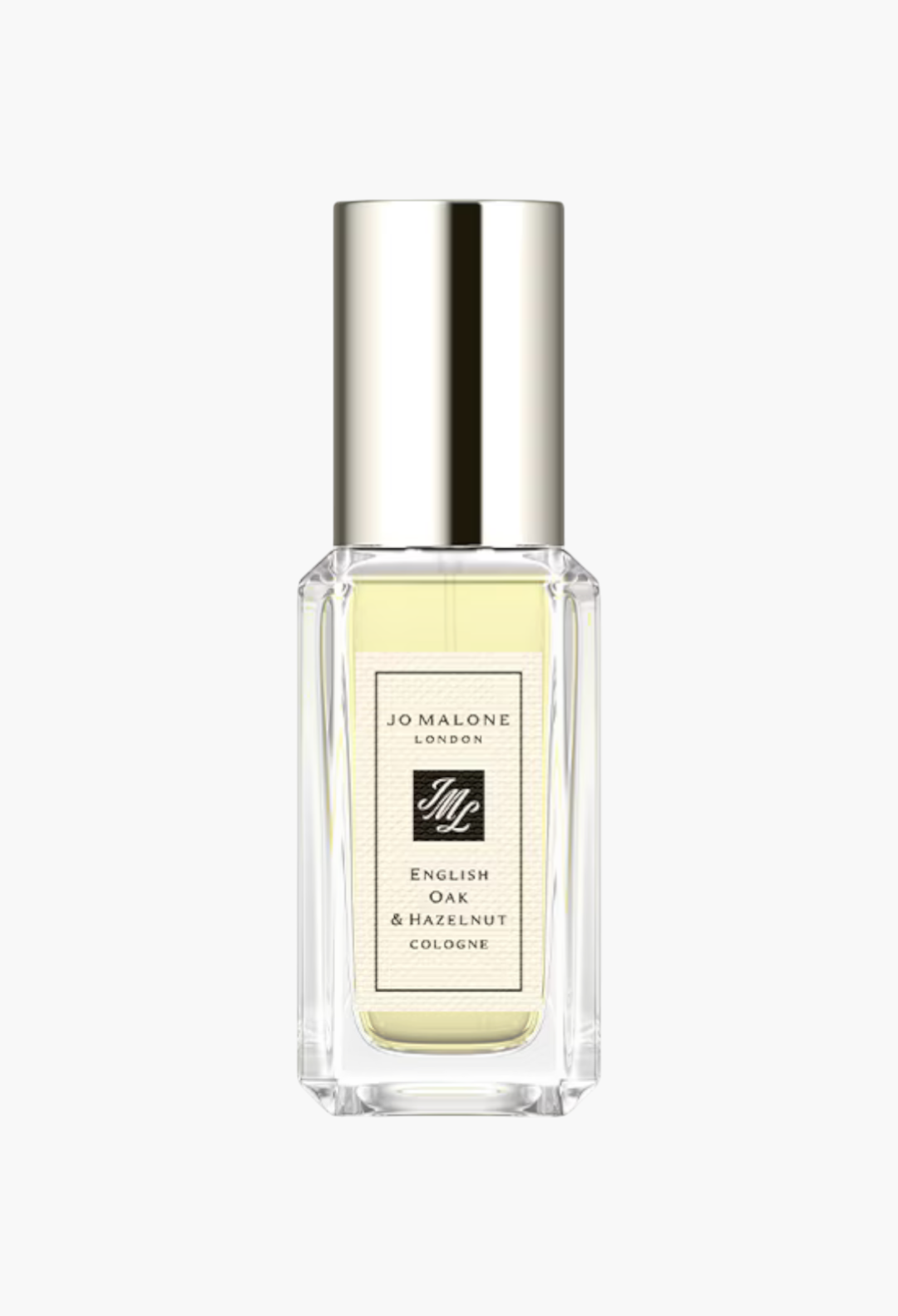 GLAM MODA Jo Malone London English Oak & Hazelnut cologne in a clear glass bottle with a silver cap.