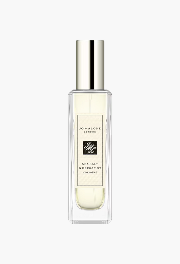 GLAM MODA Sea Salt & Bergamot cologne in a clear glass bottle with a silver cap, featuring a fresh coastal scent.
