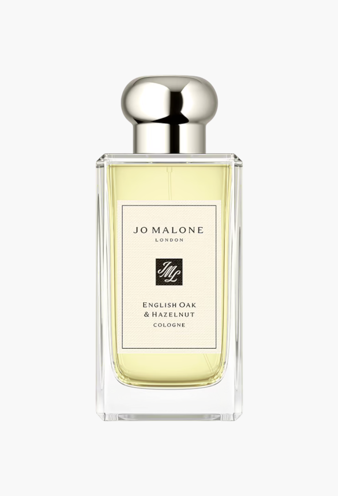 GLAM MODA Jo Malone London English Oak & Hazelnut cologne in a clear glass bottle with a silver cap.