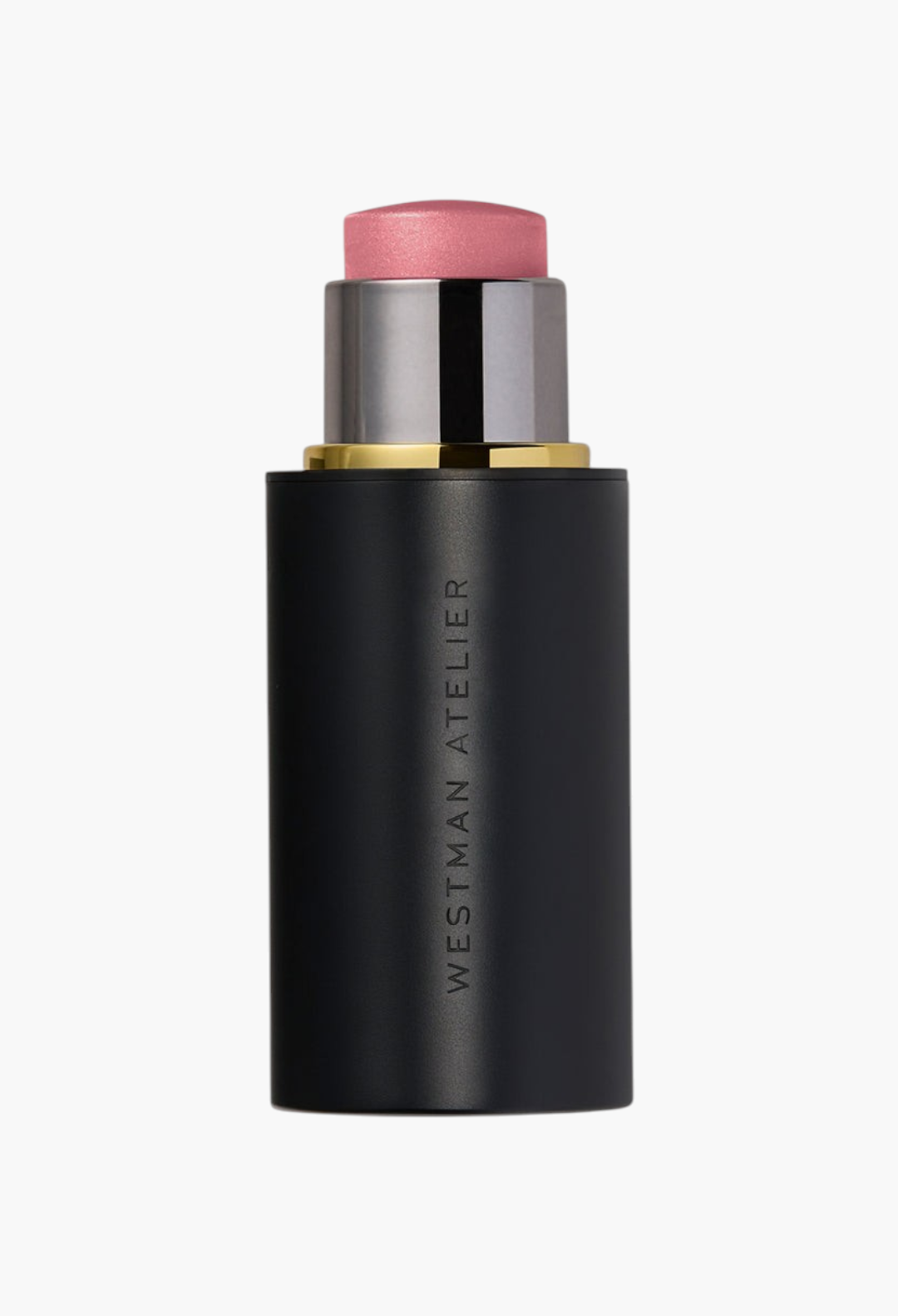 GLAM MODA Lit Up Highlight Stick in a sleek black twist-up tube with a shimmering pink translucent gel highlighter.