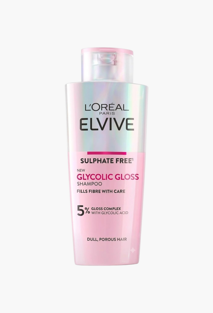 GLAM MODA L'Oreal Paris Elvive Glycolic Gloss sulfate-free shampoo bottle for dull hair with 5% gloss complex.