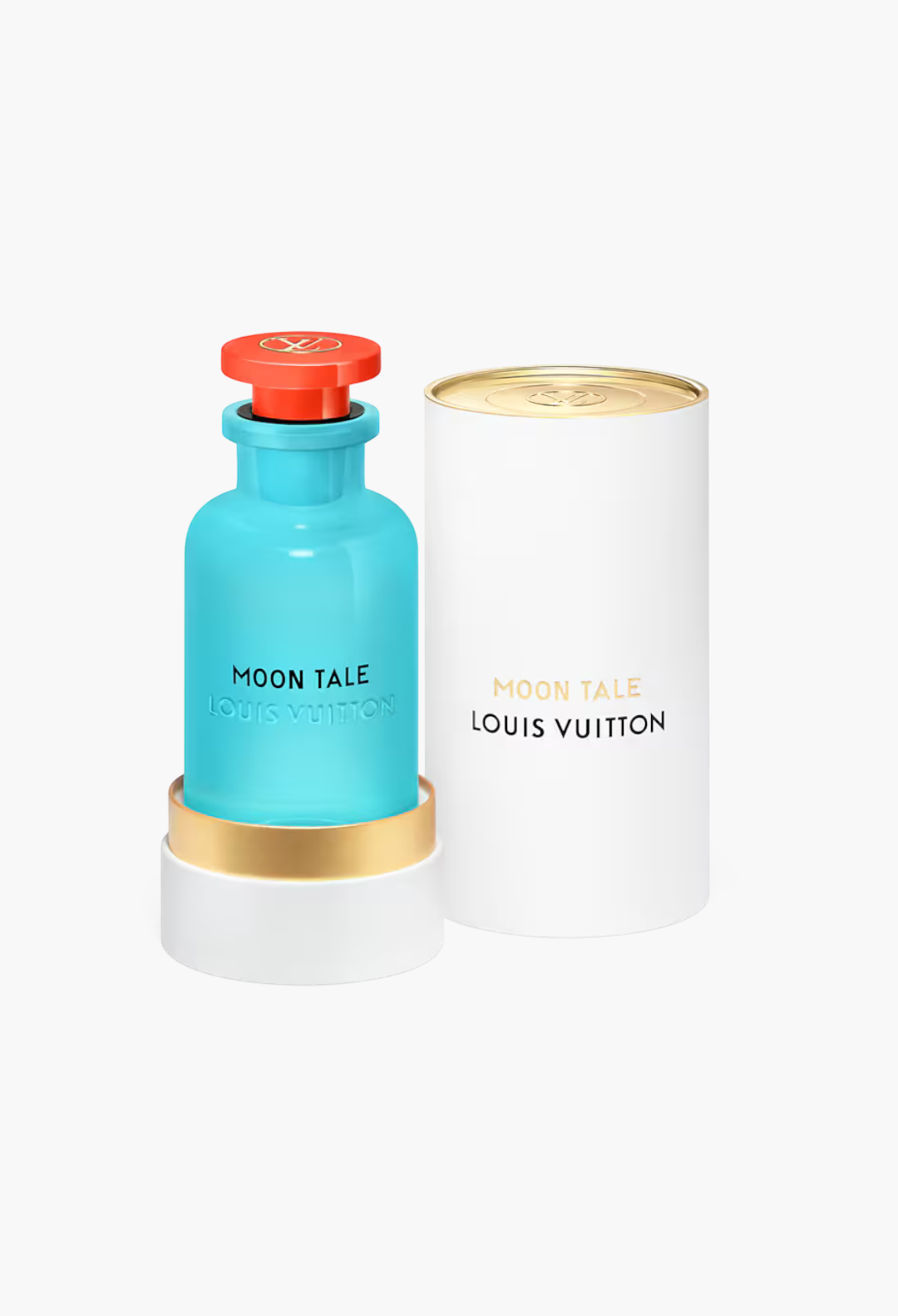GLAM MODA Louis Vuitton Moon Tale perfume bottle in opalescent blue glass with a red cap and matching white case