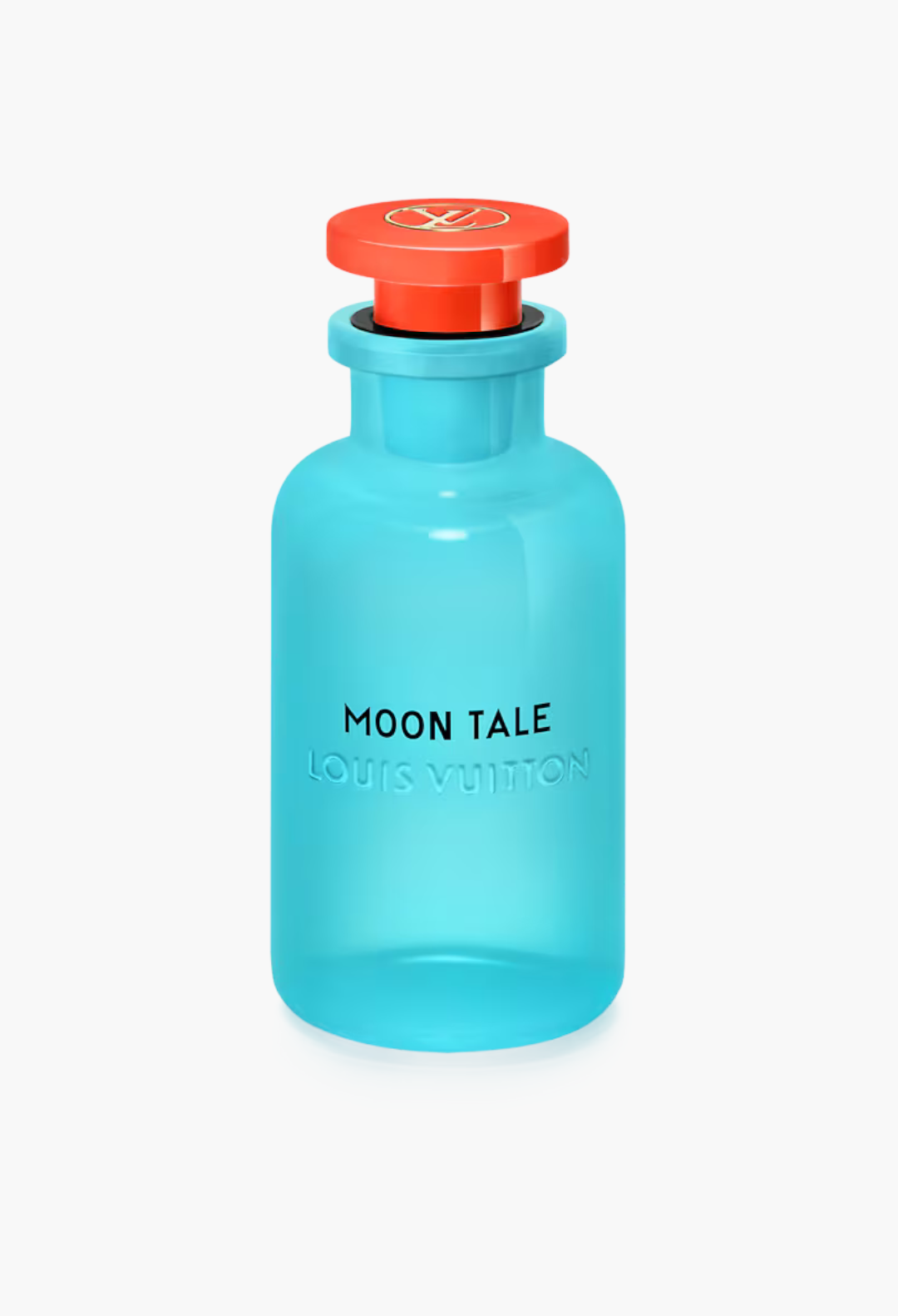 GLAM MODA Louis Vuitton Moon Tale perfume bottle in opalescent blue glass with a vibrant red lacquered cap.