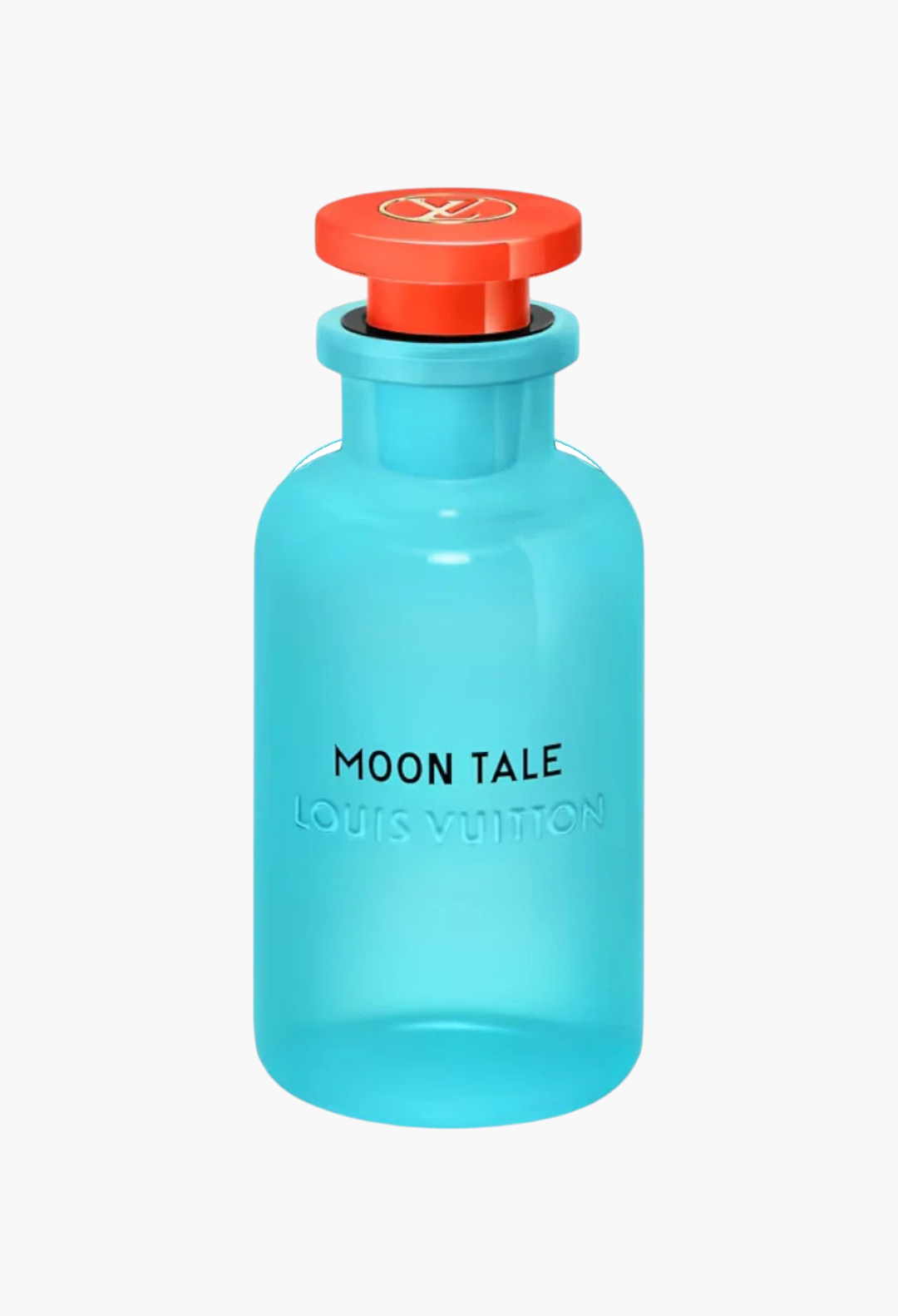 GLAM MODA Louis Vuitton Moon Tale perfume in an opalescent blue glass bottle with a vibrant red lacquered cap.