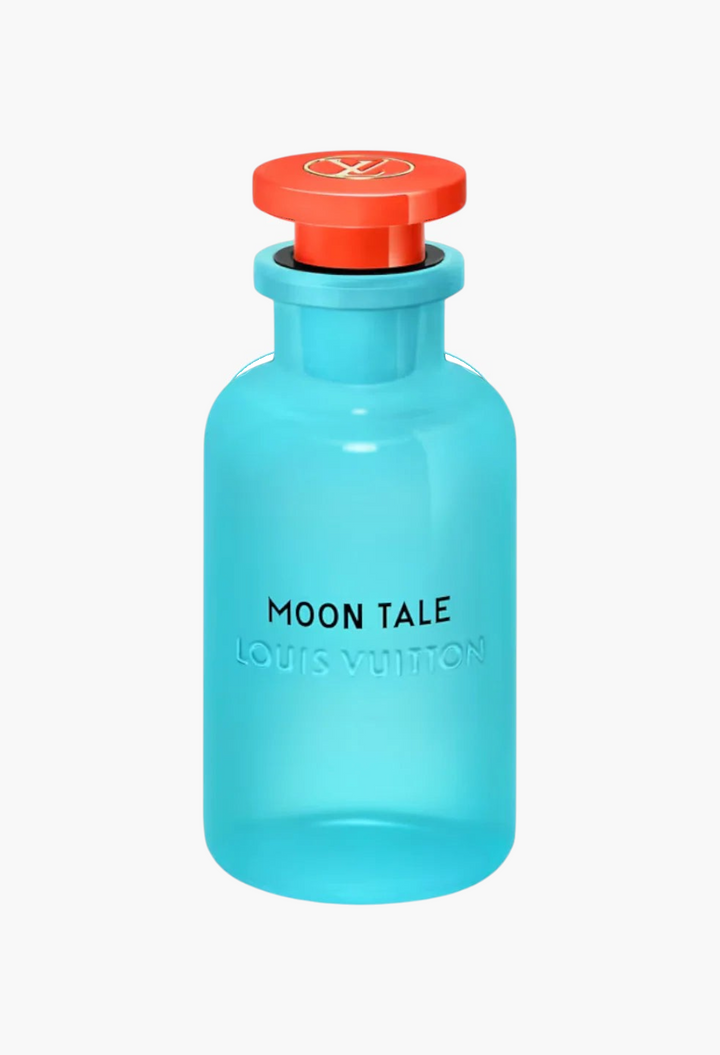 GLAM MODA Louis Vuitton Moon Tale perfume in an opalescent blue glass bottle with a vibrant red lacquered cap.