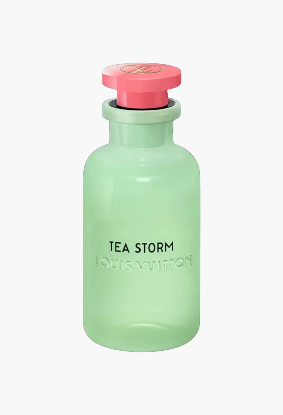 GLAM MODA Louis Vuitton Tea Storm perfume in an opalescent light green glass bottle with a vibrant pink cap.