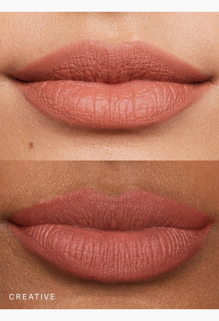 GLAM MODA Kind Words matte lip liner in Creative muted peach shade applied to lips for a soft, defined finish.