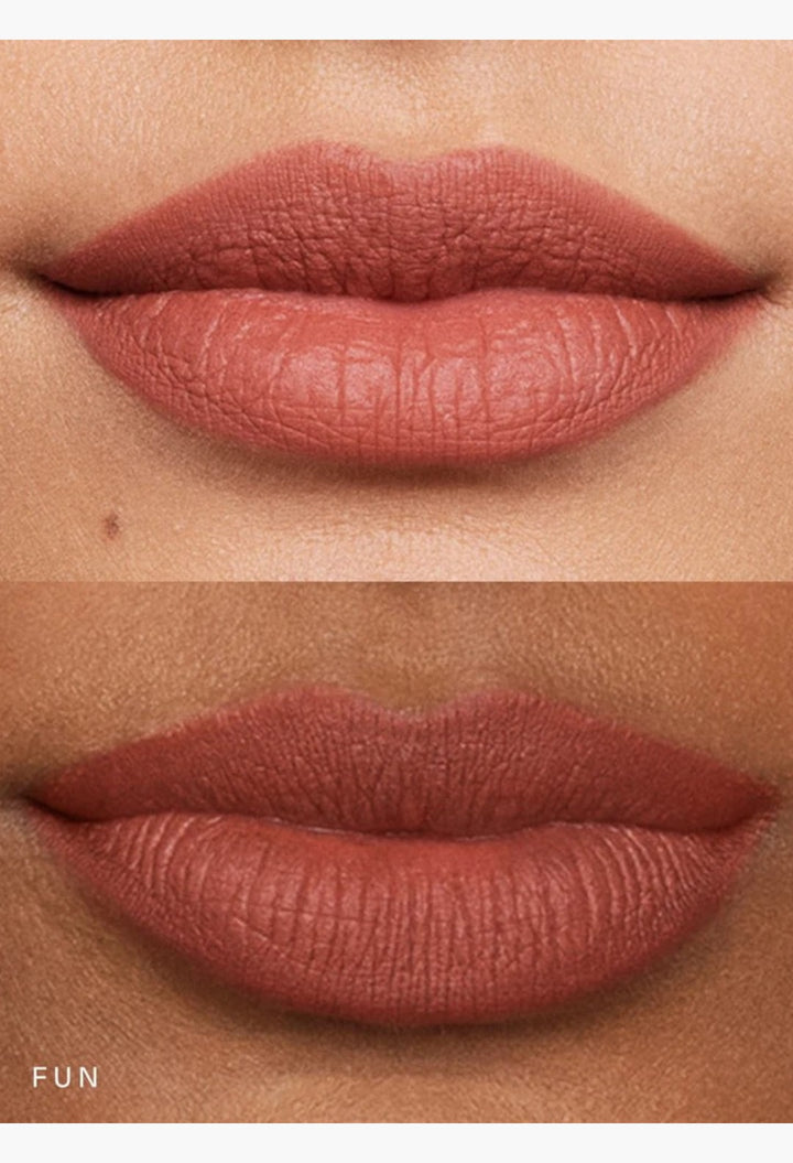 GLAM MODA Kind Words matte lip liner in Fun shade, a neutral mauve, shown applied on lips for a soft matte finish.