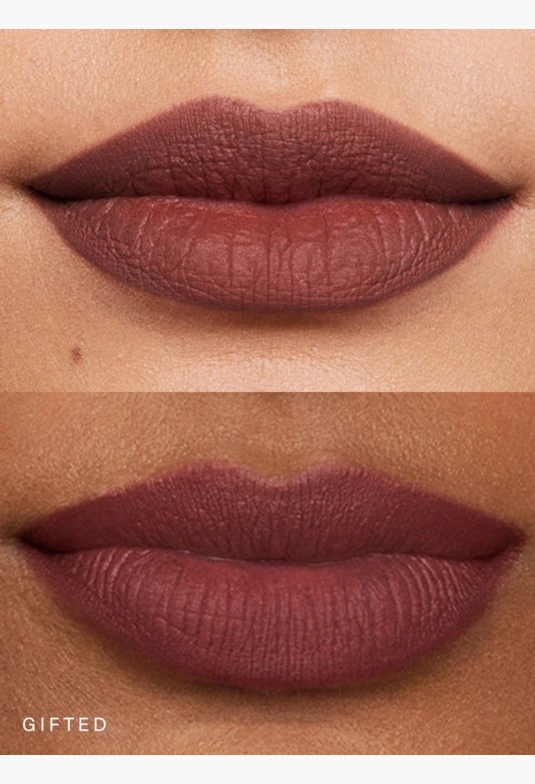 GLAM MODA Kind Words Matte Lip Liner in Gifted shade, showing a soft matte finish on lips with deep dusty plum color.