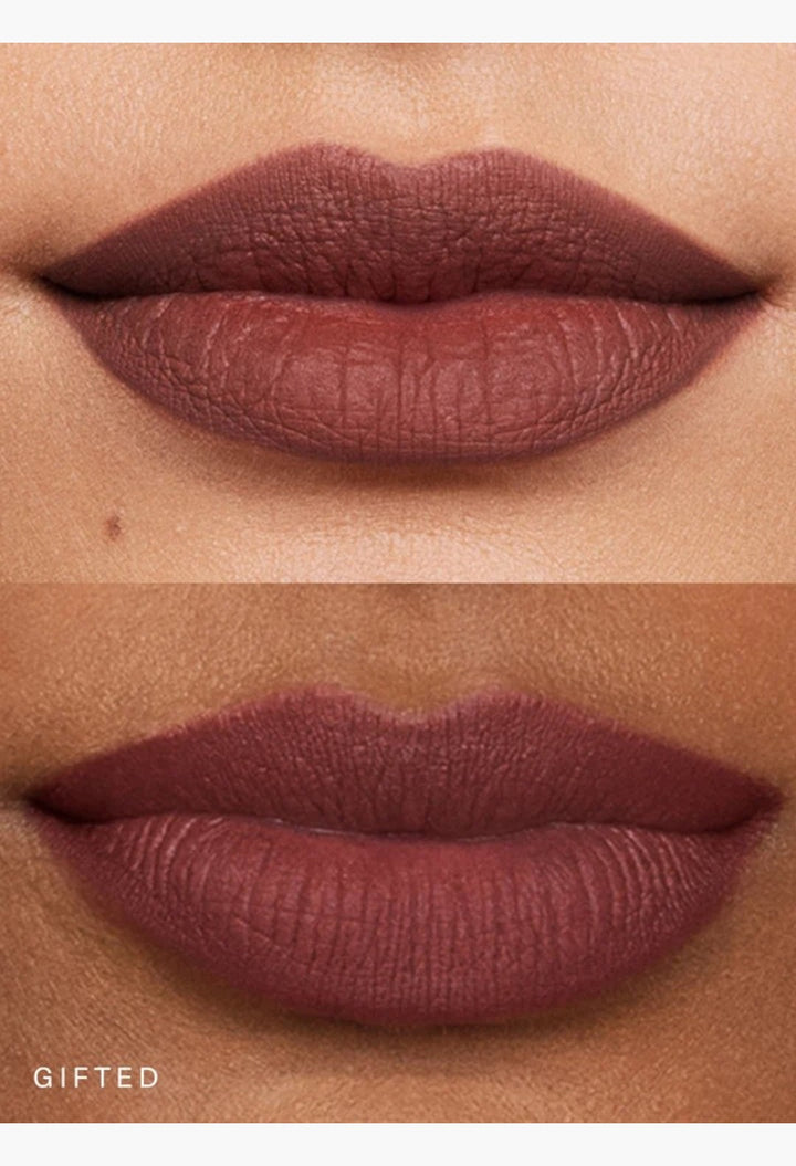 GLAM MODA Kind Words Matte Lip Liner in Gifted shade, showing a soft matte finish on lips with deep dusty plum color.