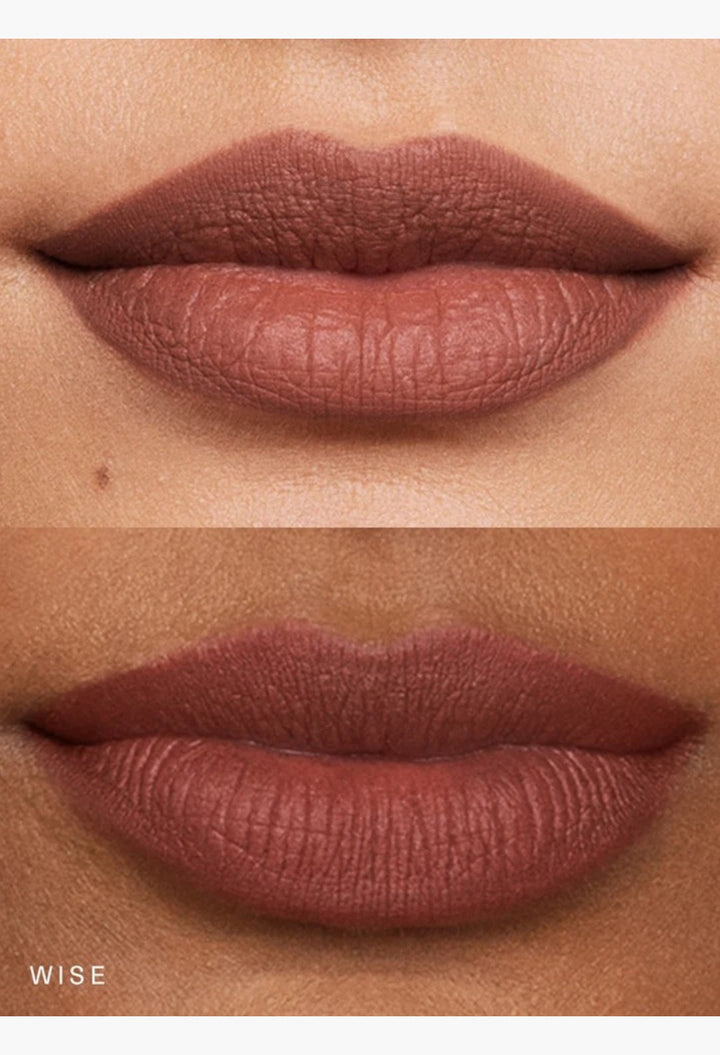 GLAM MODA Kind Words matte lip liner in Wise shade, a warm brown nude, applied on lips for a smooth defined finish.