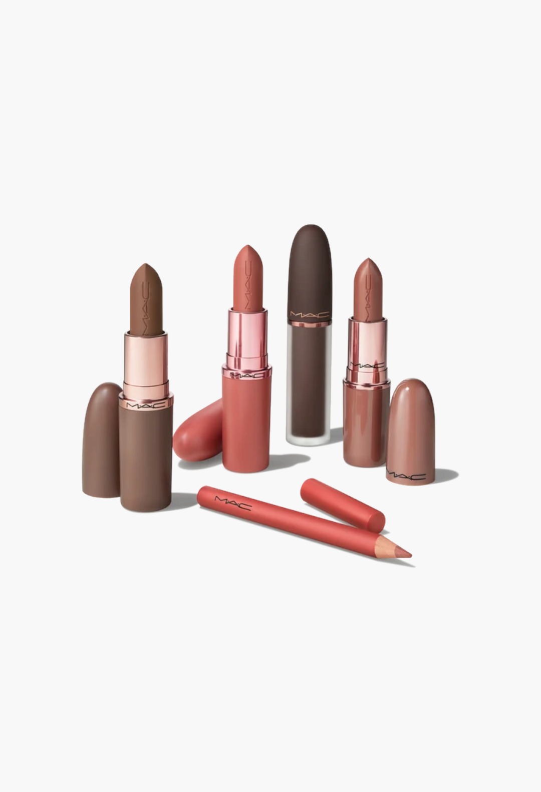 GLAM MODA MAC Celebrity Nudes five-piece lip vault featuring various nude lipsticks, lip mousse, and a lip pencil.