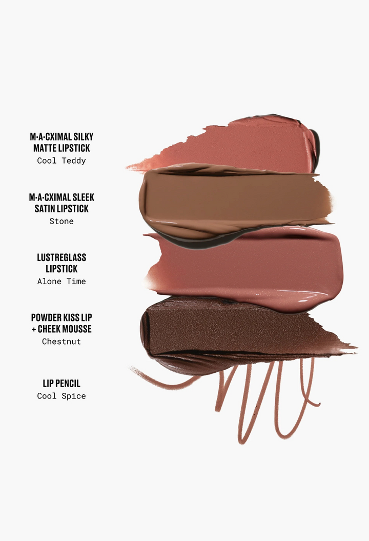 GLAM MODA MAC Celebrity Nudes Lip Vault swatches showing various nude lipstick textures and shades on white background