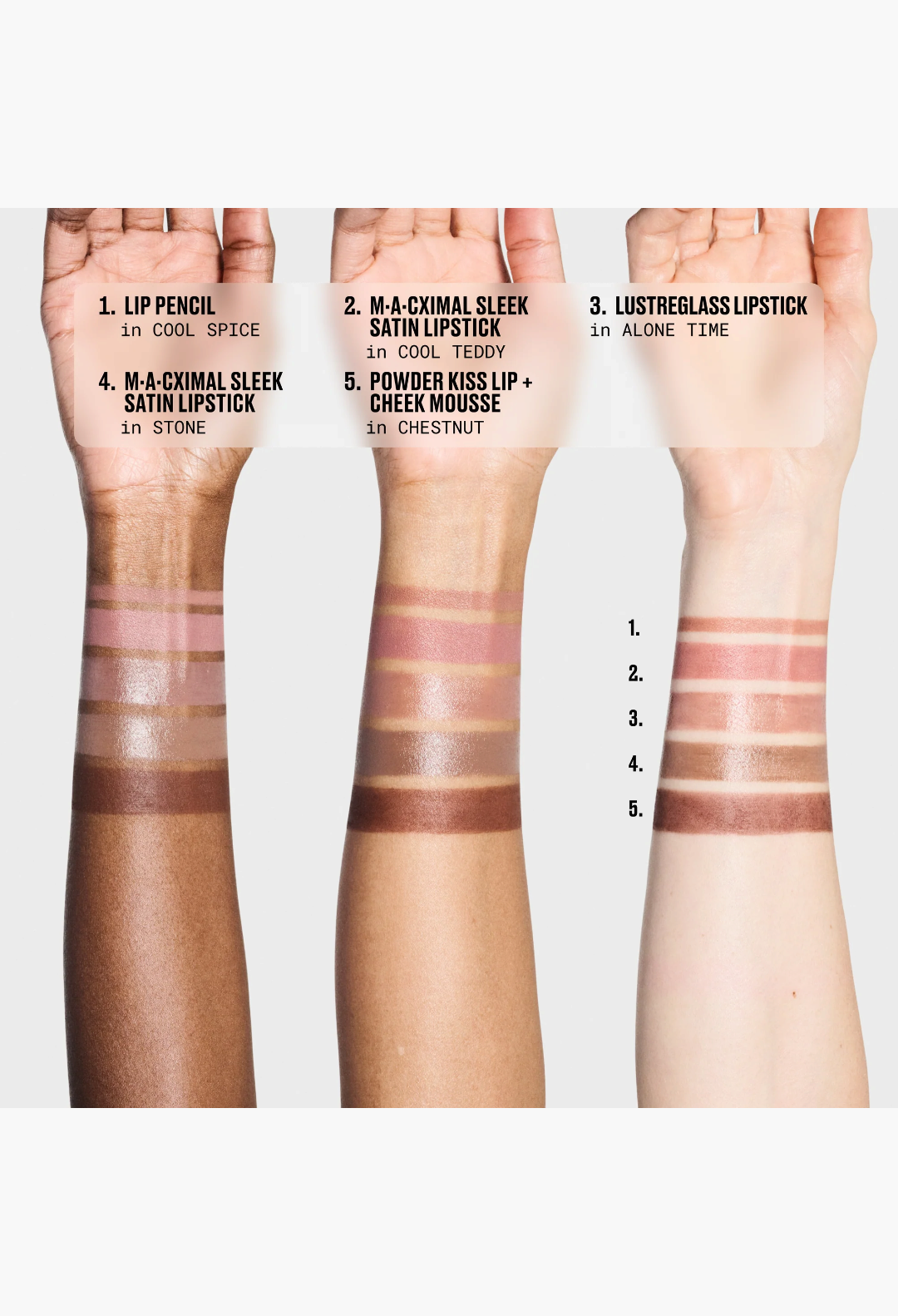 GLAM MODA MAC Celebrity Nudes Lip Vault swatches on three different skin tones showing five nude lipstick shades