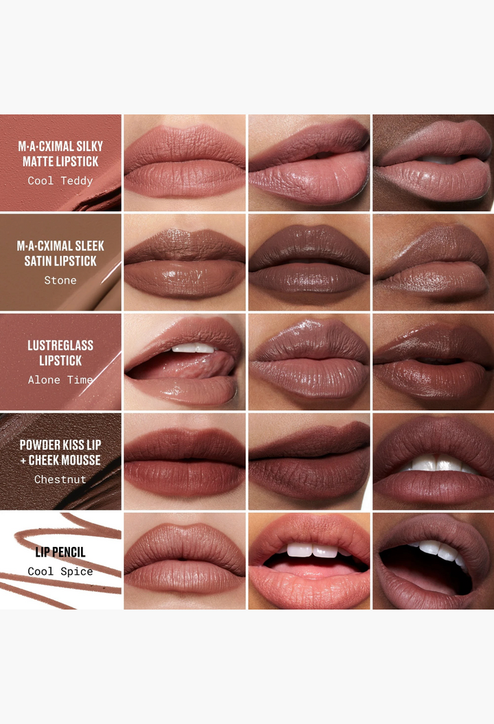 GLAM MODA MAC Celebrity Nudes Lip Vault showing swatches and lip application of five nude lipstick and liner shades.