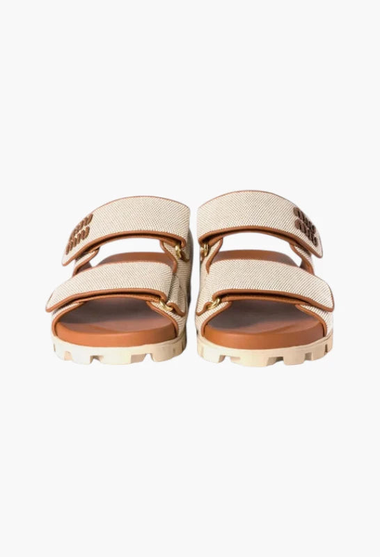 Beige/Brandy - Canvas And Leather Mules