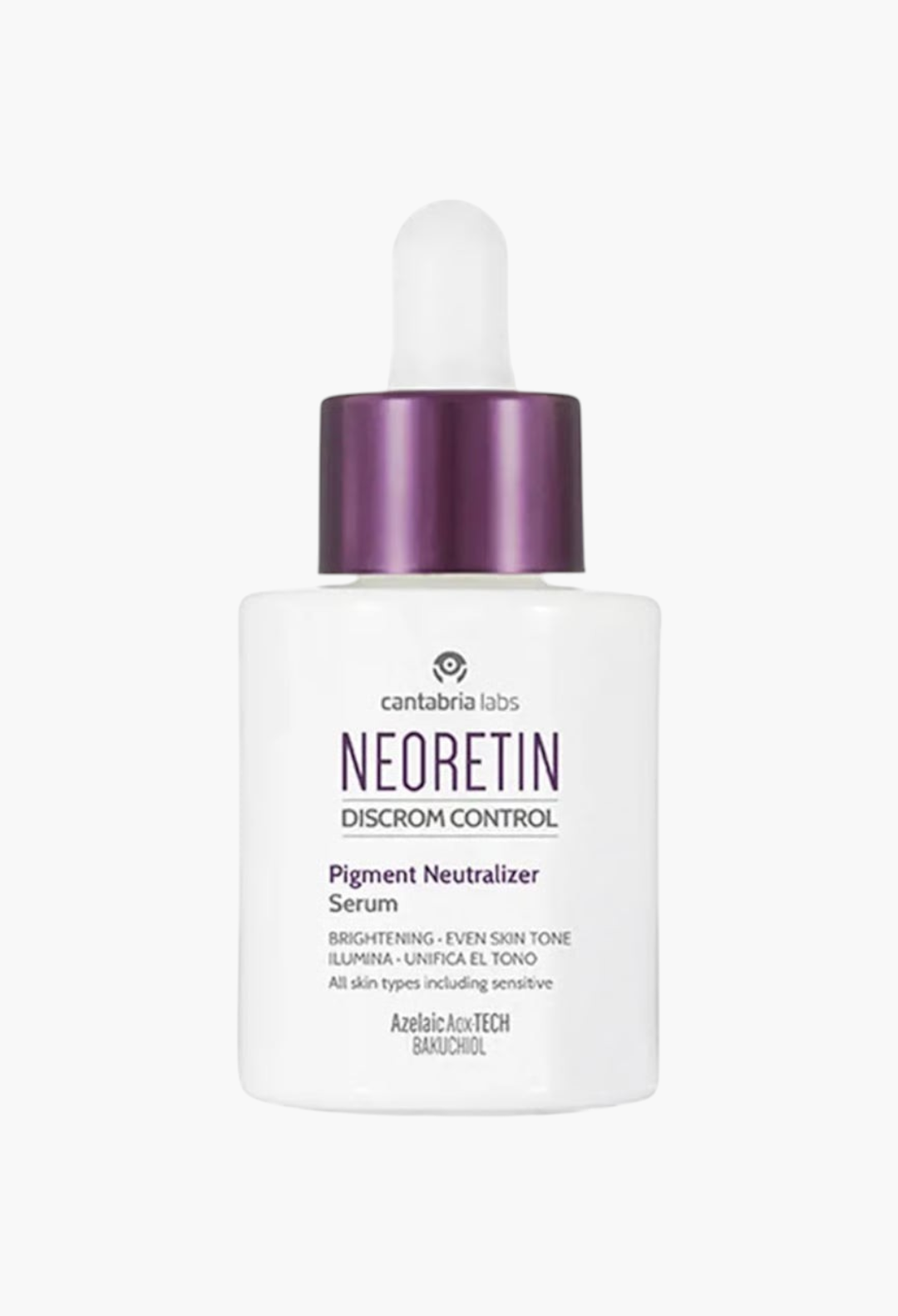 GLAM MODA Neoretin Discrom Control Pigment Neutralizer Serum in a 30ml white bottle with a purple dropper cap.
