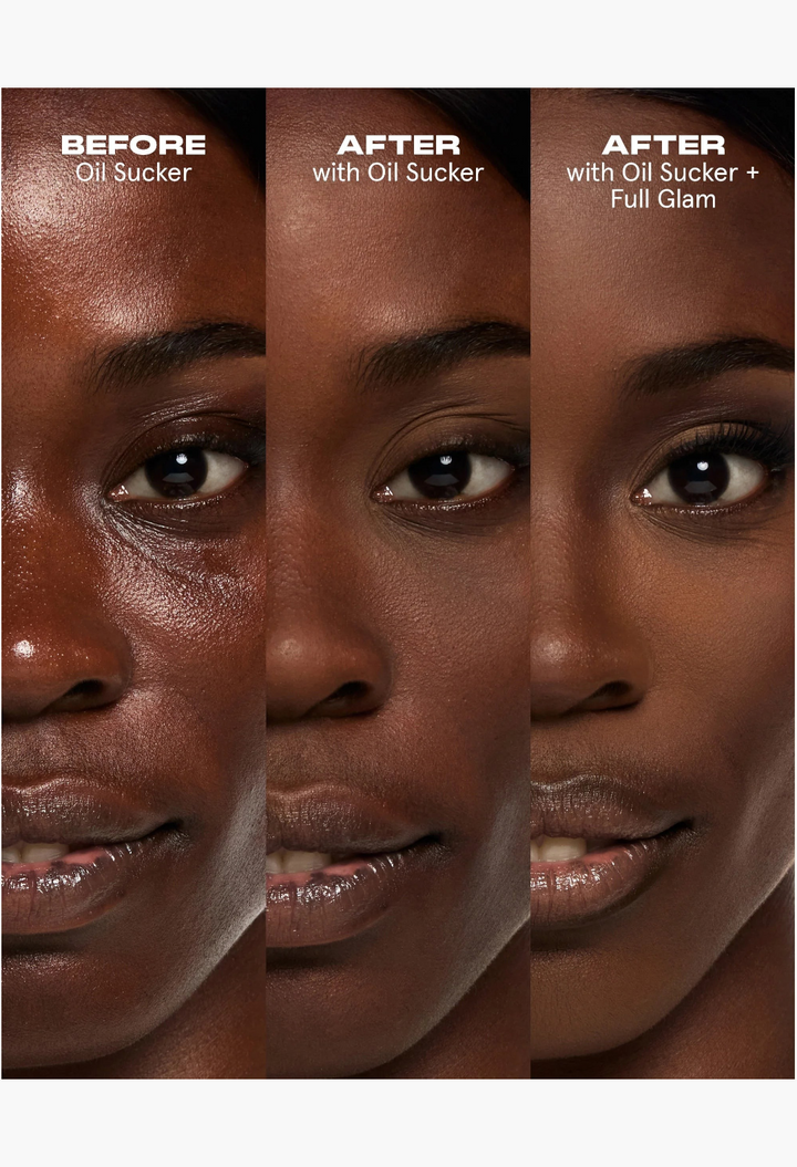 GLAM MODA Extreme Mattifying Alkaline Primer shown in a three-step before and after application demonstration on skin.