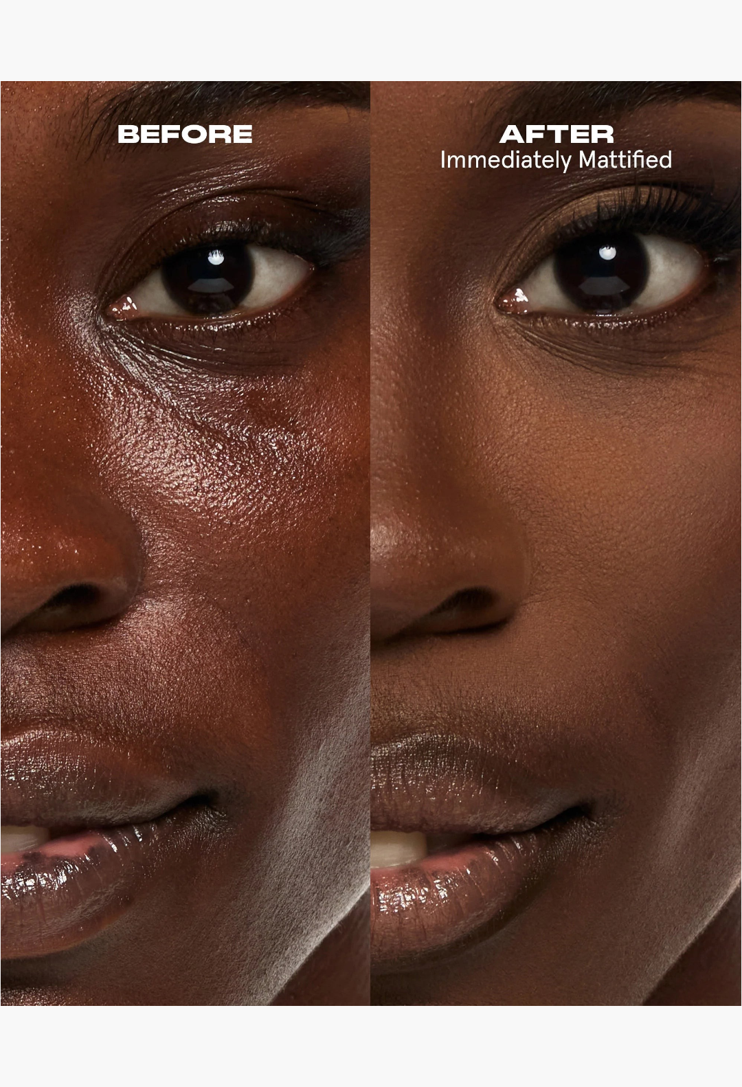 GLAM MODA Extreme Mattifying Alkaline Primer shown in a before and after comparison on skin for oil control