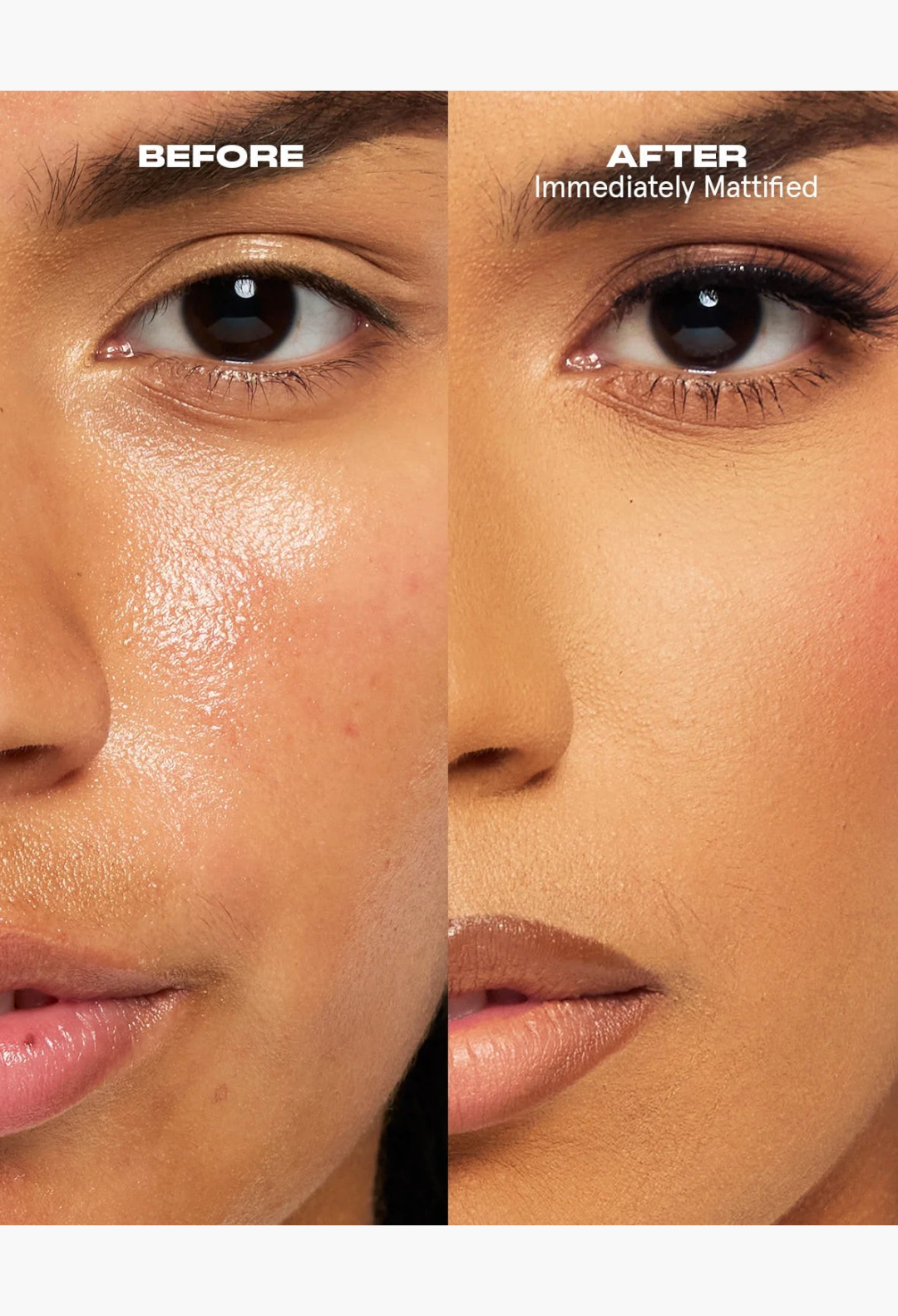 GLAM MODA Extreme Mattifying Alkaline Primer shown in a before and after comparison on skin to demonstrate oil control