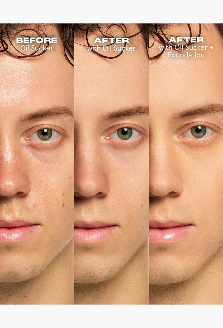 GLAM MODA Extreme Mattifying Alkaline Primer before and after application showing oil control and smooth finish