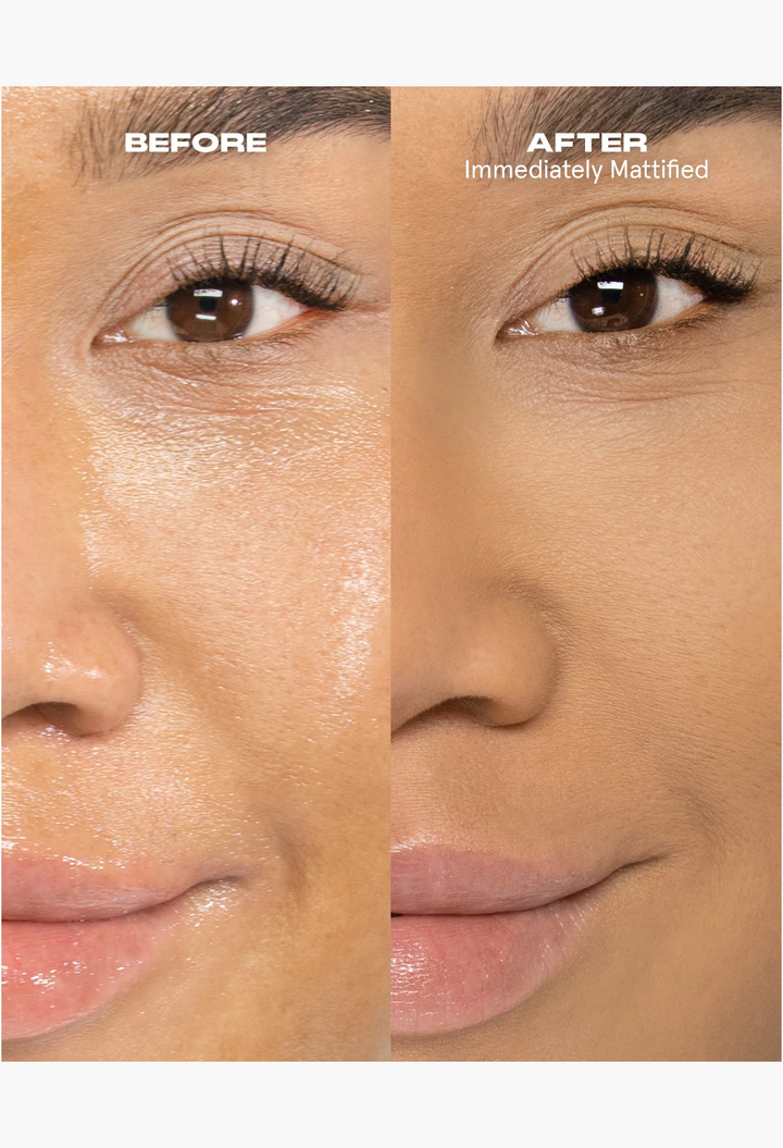 GLAM MODA Extreme Mattifying Alkaline Primer before and after application showing oil control and pore tightening