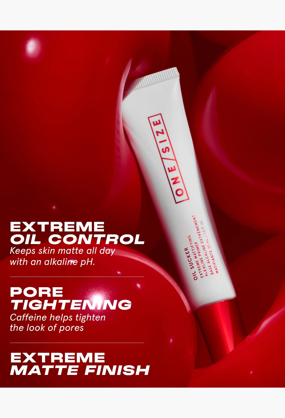 GLAM MODA Extreme Mattifying Alkaline Primer in a white tube against a glossy red background with product benefits.