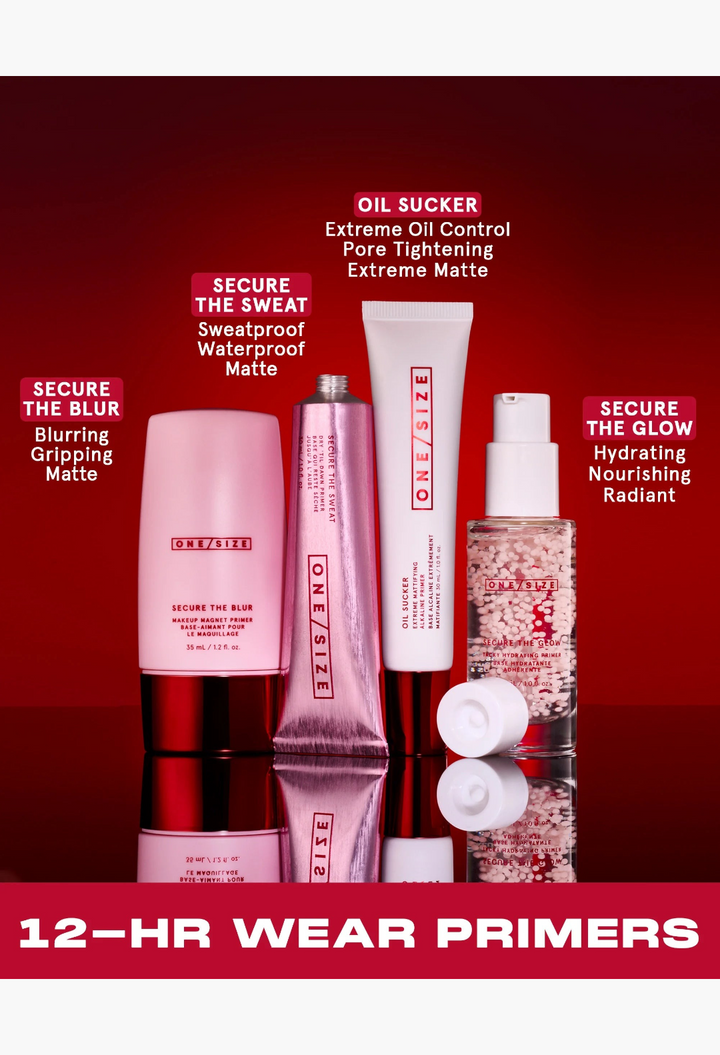 GLAM MODA collection of ONE/SIZE makeup primers including Secure the Blur, Secure the Sweat, Oil Sucker, and Glow.
