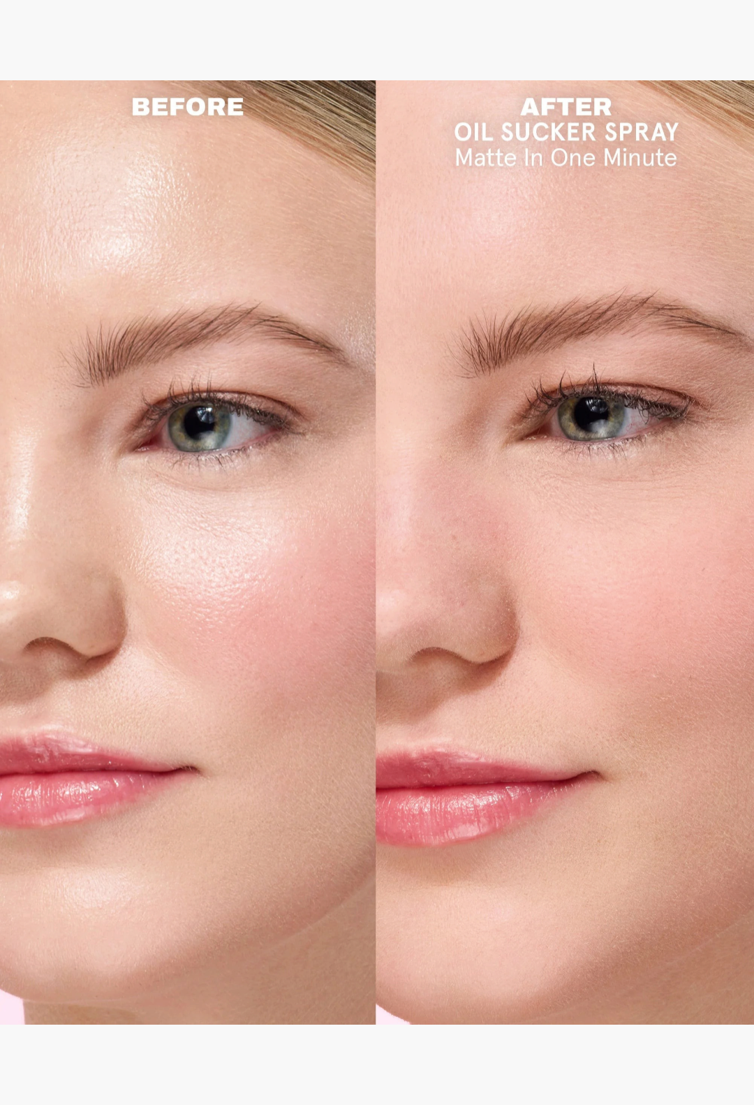 GLAM MODA Oil Sucker Prep & Refresh duo showing a before and after comparison of skin shine control and matte finish.