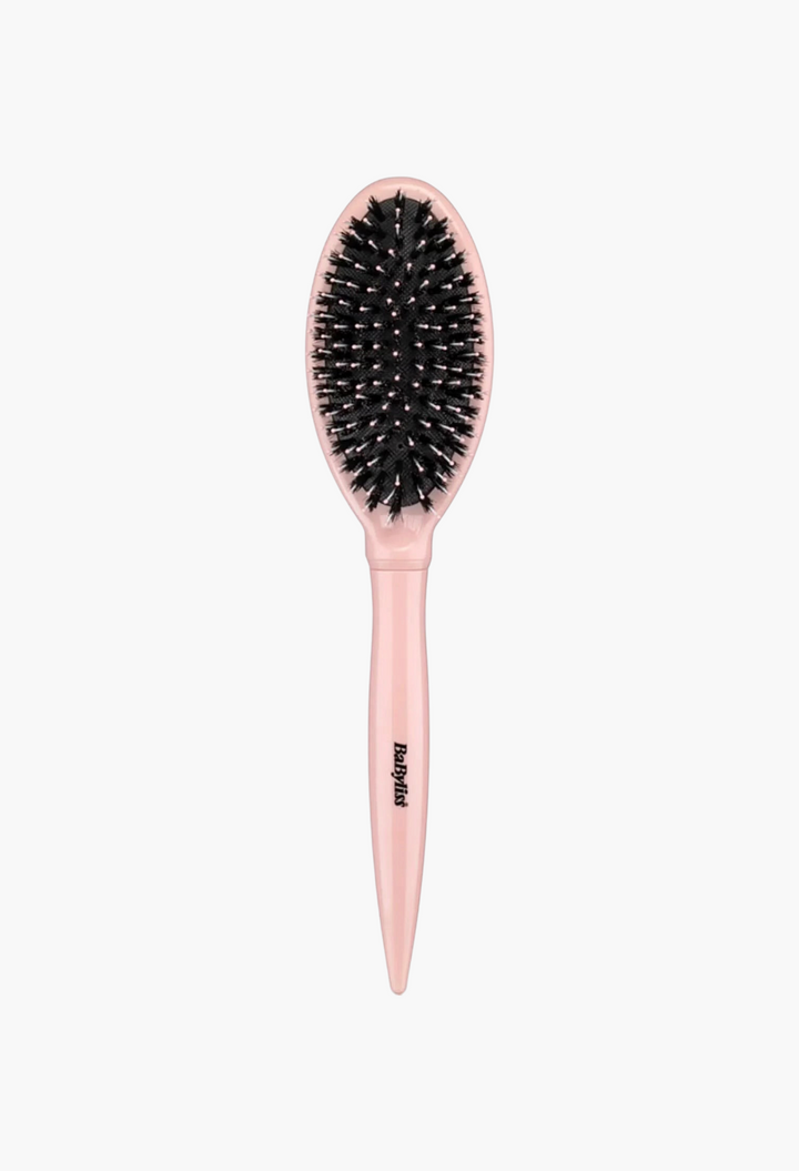 GLAM MODA BaByliss rose blush smoothing brush with black bristles and a pointed sectioning handle for styling hair.