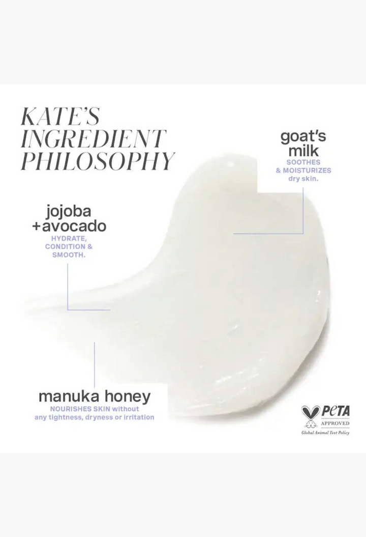GLAM MODA goat milk moisturizing cleanser cream texture with manuka honey, jojoba, and avocado oil ingredient labels