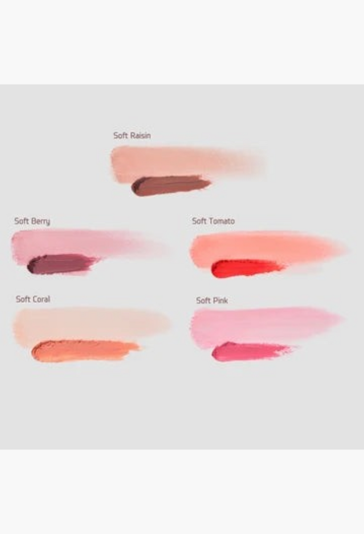 GLAM MODA Soft Smudge Core Collection featuring five cream-to-powder lip and cheek stick shades in swatches.