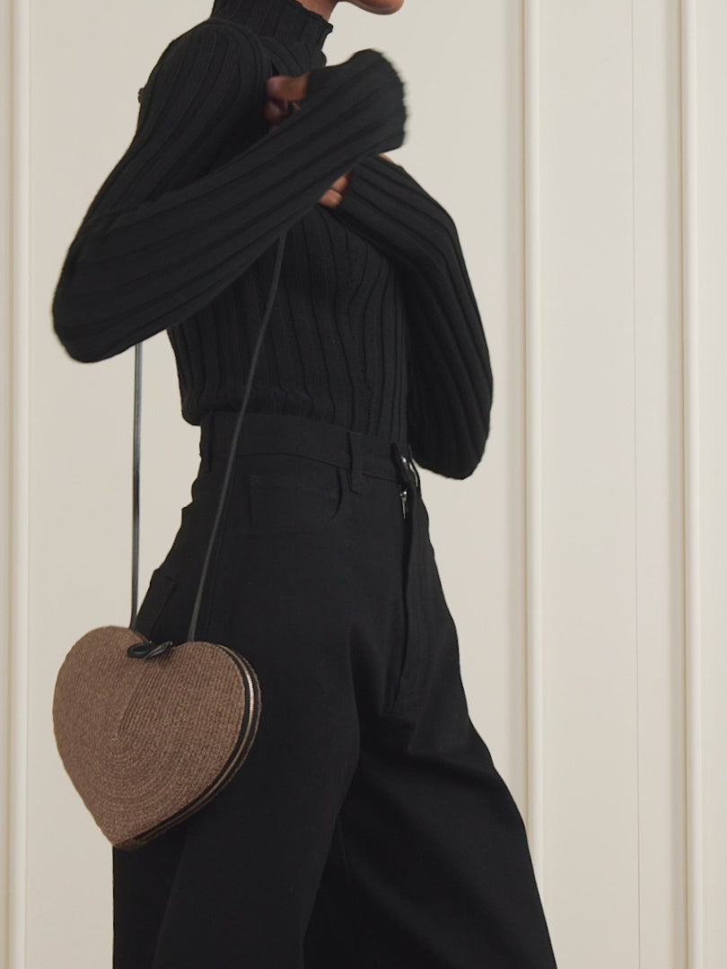 Le Cœur Leather-Trimmed Raffia Shoulder Bag
