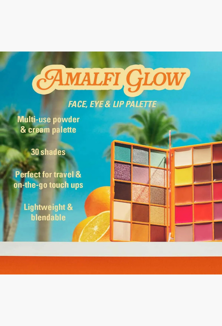 GLAM MODA Revolution Amalfi Glow 30-shade multi-use face, eye, and lip palette with matte, shimmer, and cream finishes.