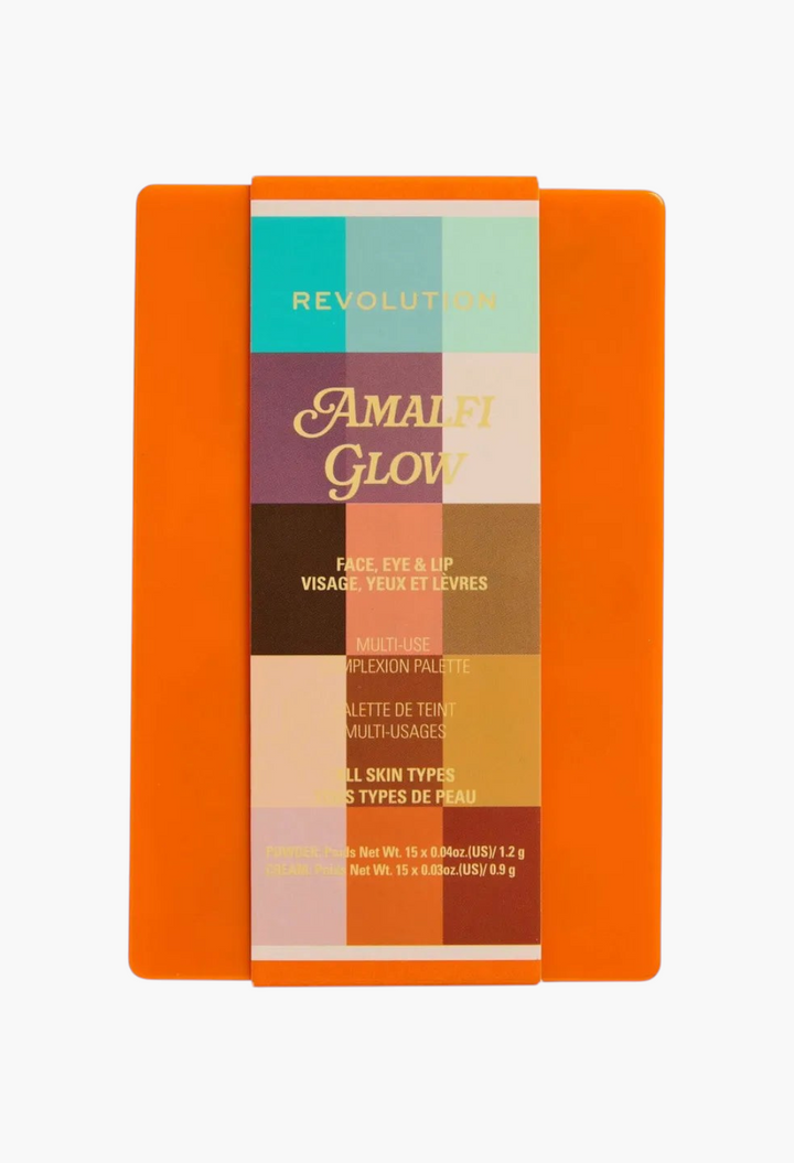 GLAM MODA Revolution Amalfi Glow multi-use face, eye, and lip palette in a vibrant orange compact case.