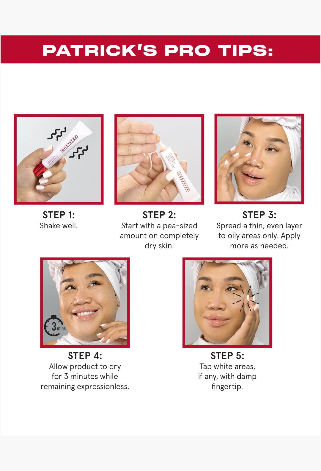 GLAM MODA Extreme Mattifying Alkaline Primer application steps showing a model applying the cream to oily skin areas.