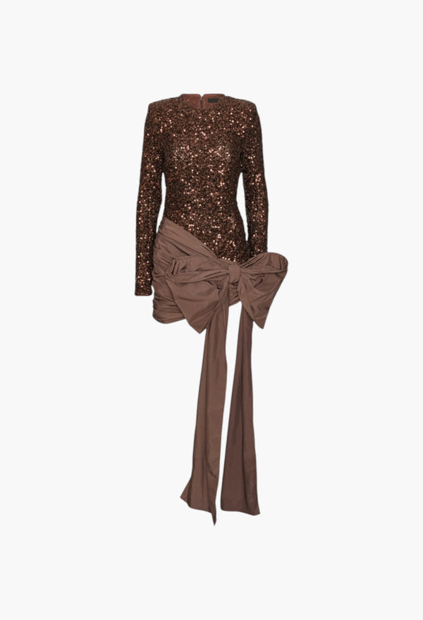 Sequins Bow Mini Dress Dark Brown