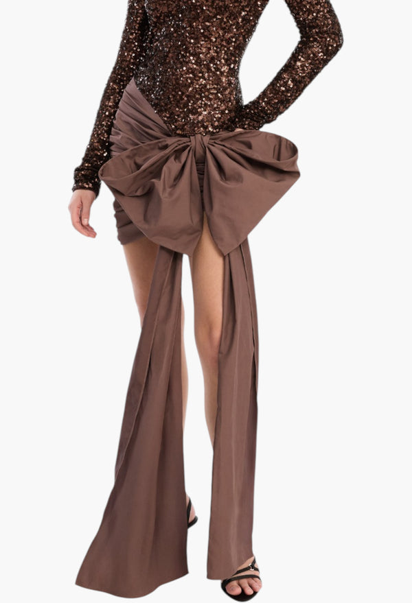 Sequins Bow Mini Dress Dark Brown