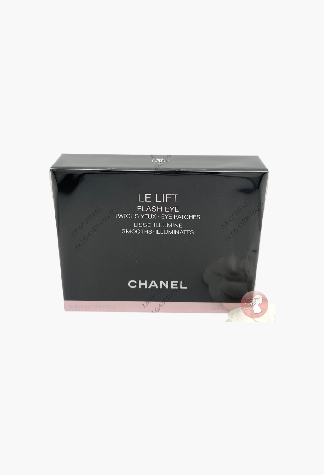GLAM MODA Chanel Le Lift Flash Eye patches in a sealed black and pink box containing 10 pairs for firming skin