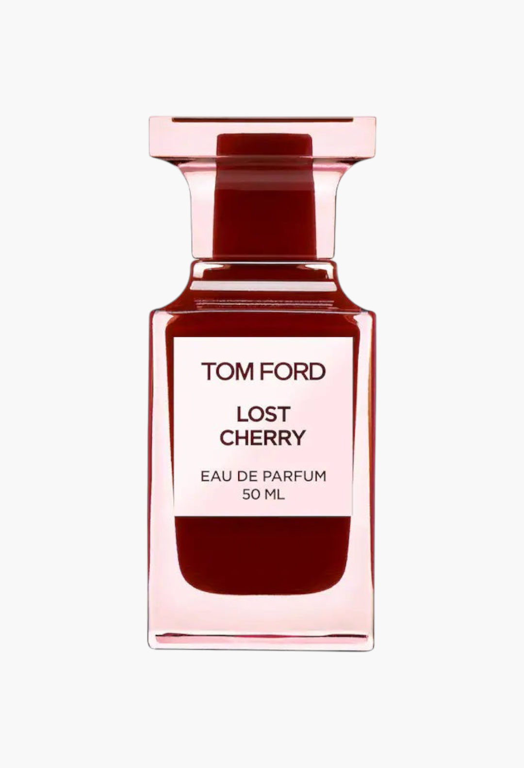 GLAM MODA Tom Ford Lost Cherry Eau de Parfum in a deep cherry-red glass bottle with a pale-pink label.