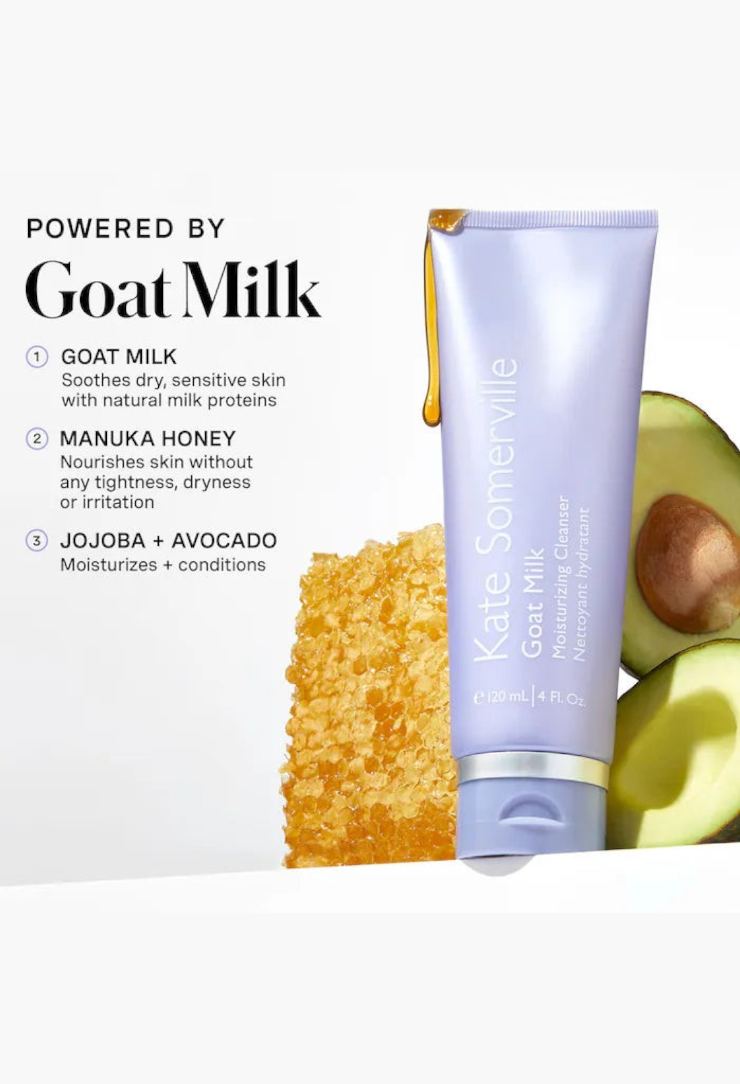 GLAM MODA Goat Milk moisturizing cream cleanser tube with manuka honey and avocado oil ingredients