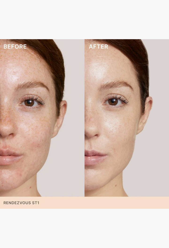 GLAM MODA Super Serum Skin Tint SPF 40 before and after application showing radiant coverage on model skin