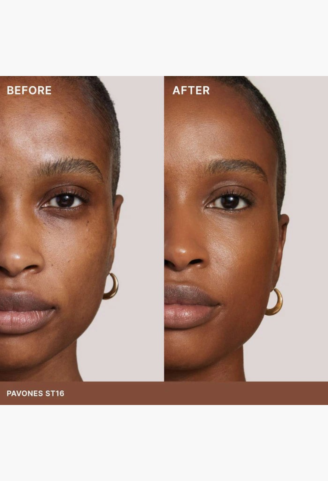 GLAM MODA Super Serum Skin Tint SPF 40 showing before and after application on a model with radiant skin finish