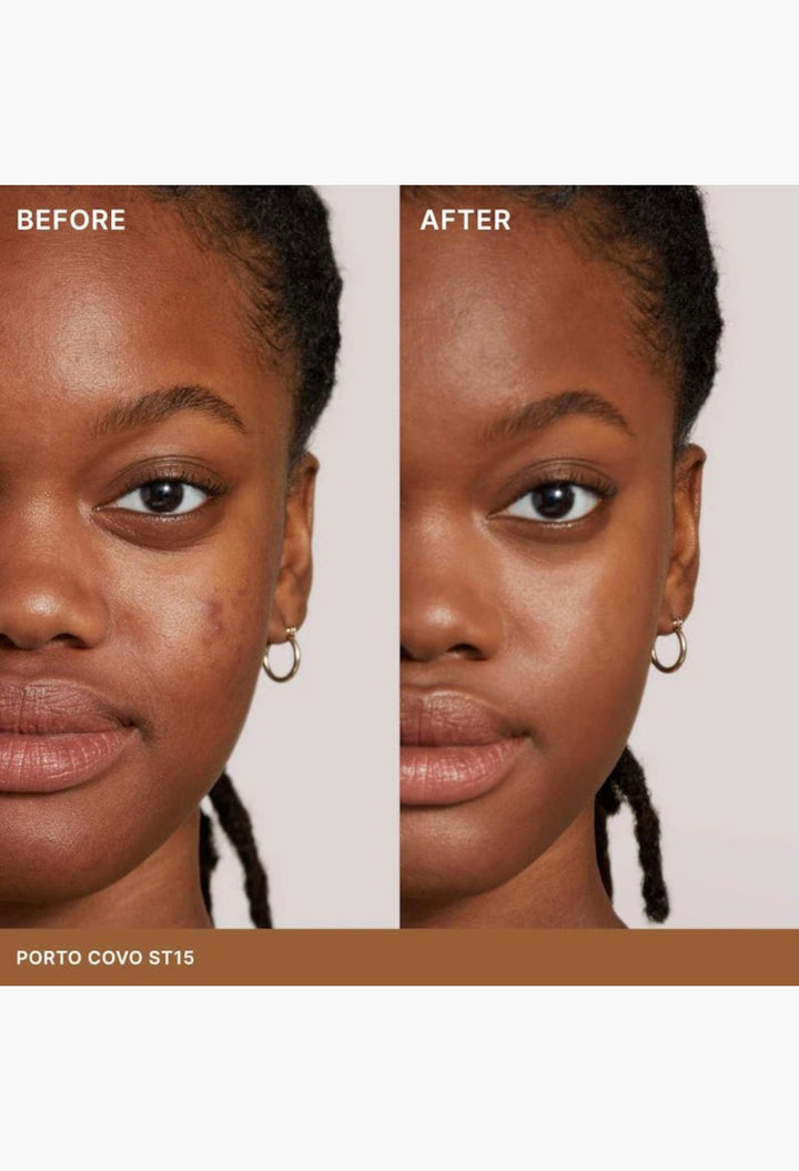 GLAM MODA Super Serum Skin Tint before and after comparison showing radiant coverage on a model with dark skin