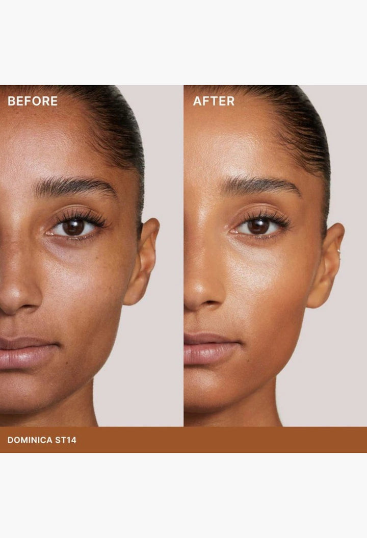GLAM MODA Super Serum Skin Tint SPF 40 before and after application showing radiant coverage and even skin tone