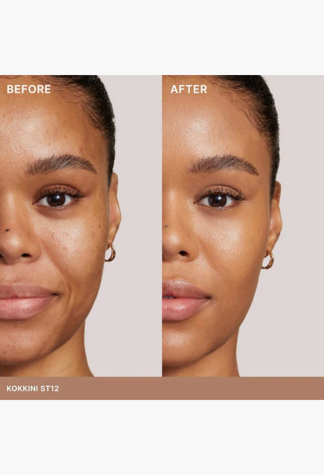 GLAM MODA Super Serum Skin Tint before and after application showing radiant coverage and improved skin texture