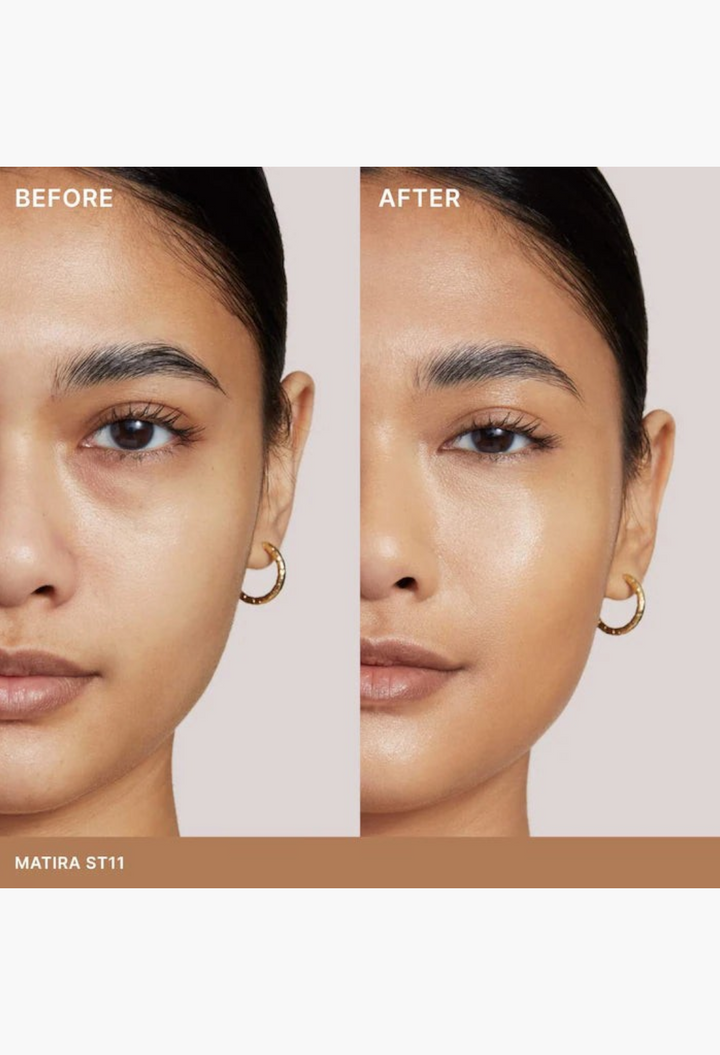 GLAM MODA Super Serum Skin Tint SPF 40 showing before and after application on a model for radiant light coverage