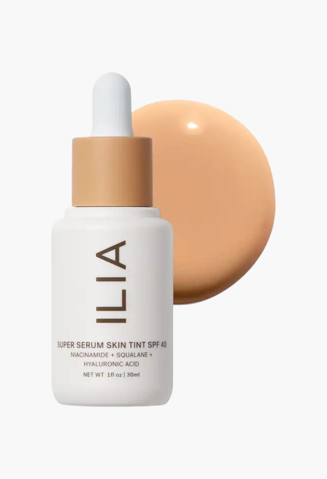 GLAM MODA ILIA Super Serum Skin Tint SPF 40 hydrating foundation bottle with a swatch of liquid makeup