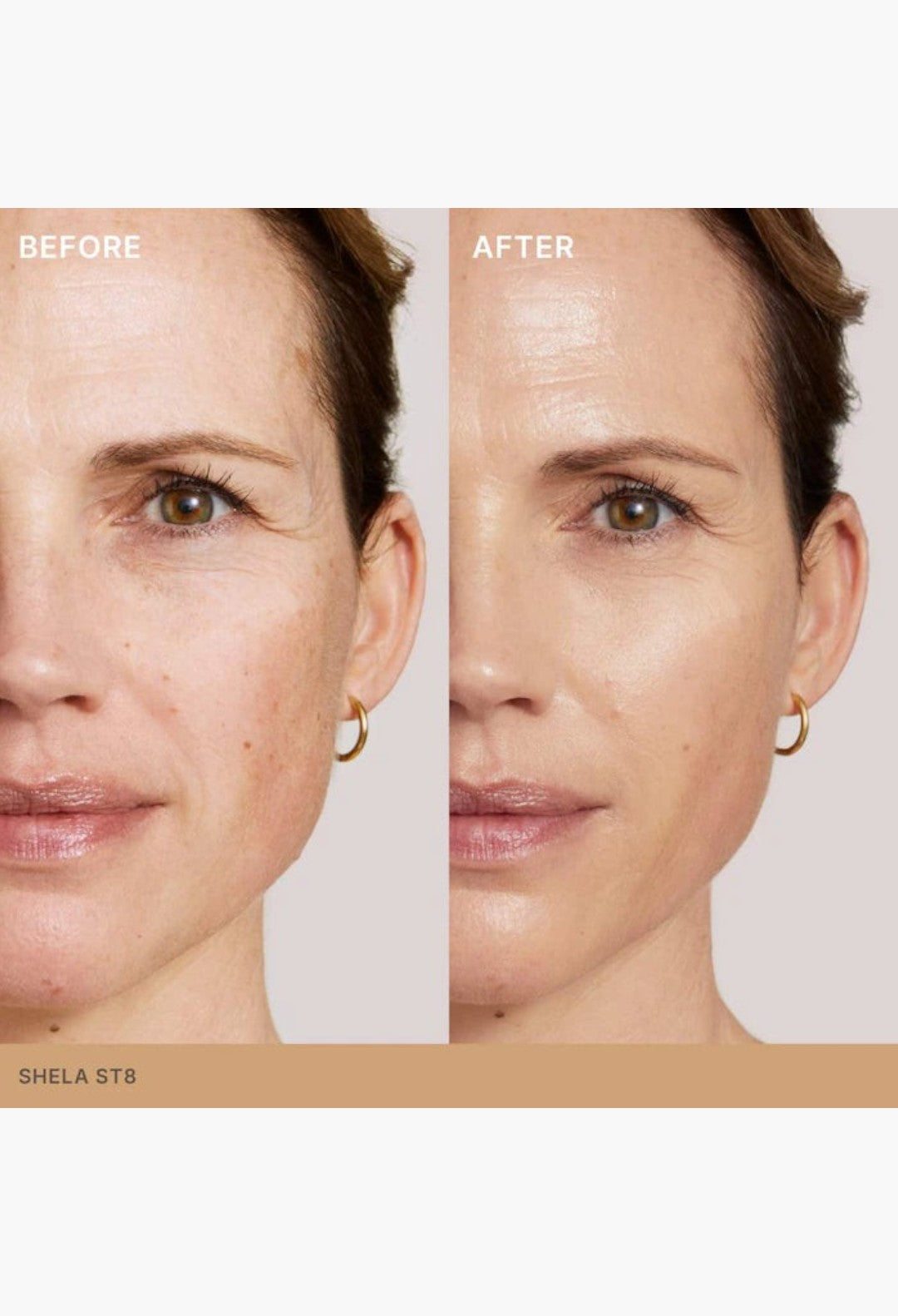 GLAM MODA Super Serum Skin Tint before and after application showing improved skin texture and radiant finish