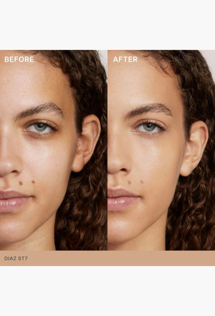 GLAM MODA Super Serum Skin Tint before and after application showing radiant light coverage on a model